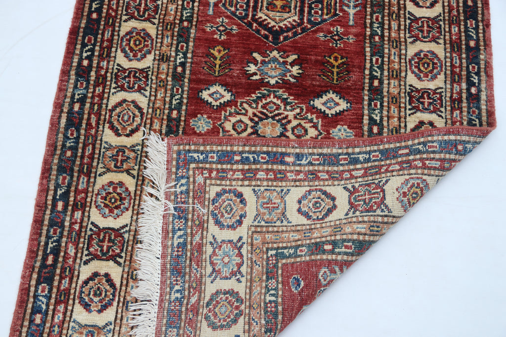 2.5x4 Red Super Kazak Geometric Area Rug | Handmade Wool & Cotton Rug