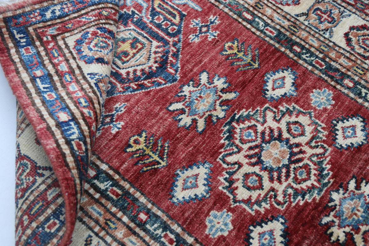 2.5x4 Red Super Kazak Geometric Area Rug | Handmade Wool & Cotton Rug