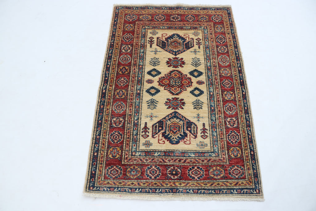 2.5x4 Beige Super Kazak Geometric Area Rug | Handmade Wool & Cotton Rug