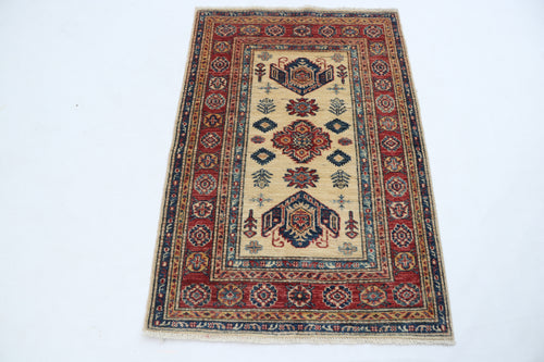 2.5x4 Beige Super Kazak Geometric Area Rug | Handmade Wool & Cotton Rug