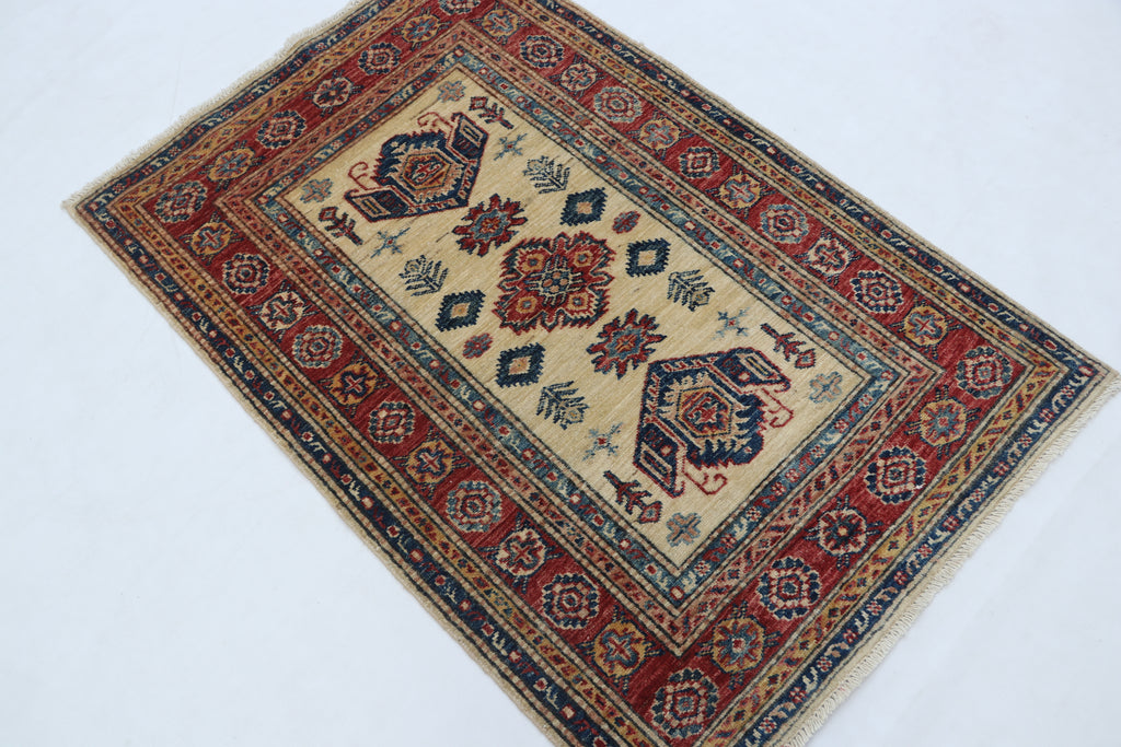 2.5x4 Beige Super Kazak Geometric Area Rug | Handmade Wool & Cotton Rug