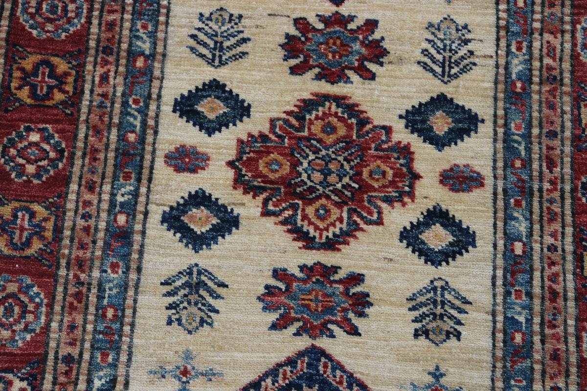 2.5x4 Beige Super Kazak Geometric Area Rug | Handmade Wool & Cotton Rug