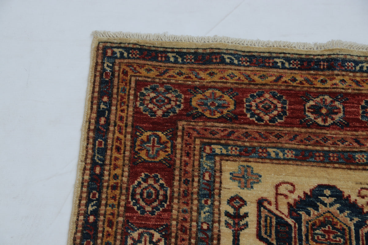 2.5x4 Beige Super Kazak Geometric Area Rug | Handmade Wool & Cotton Rug