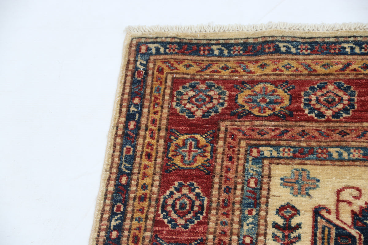 2.5x4 Beige Super Kazak Geometric Area Rug | Handmade Wool & Cotton Rug