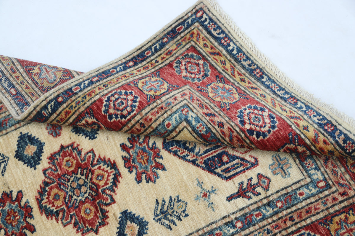 2.5x4 Beige Super Kazak Geometric Area Rug | Handmade Wool & Cotton Rug
