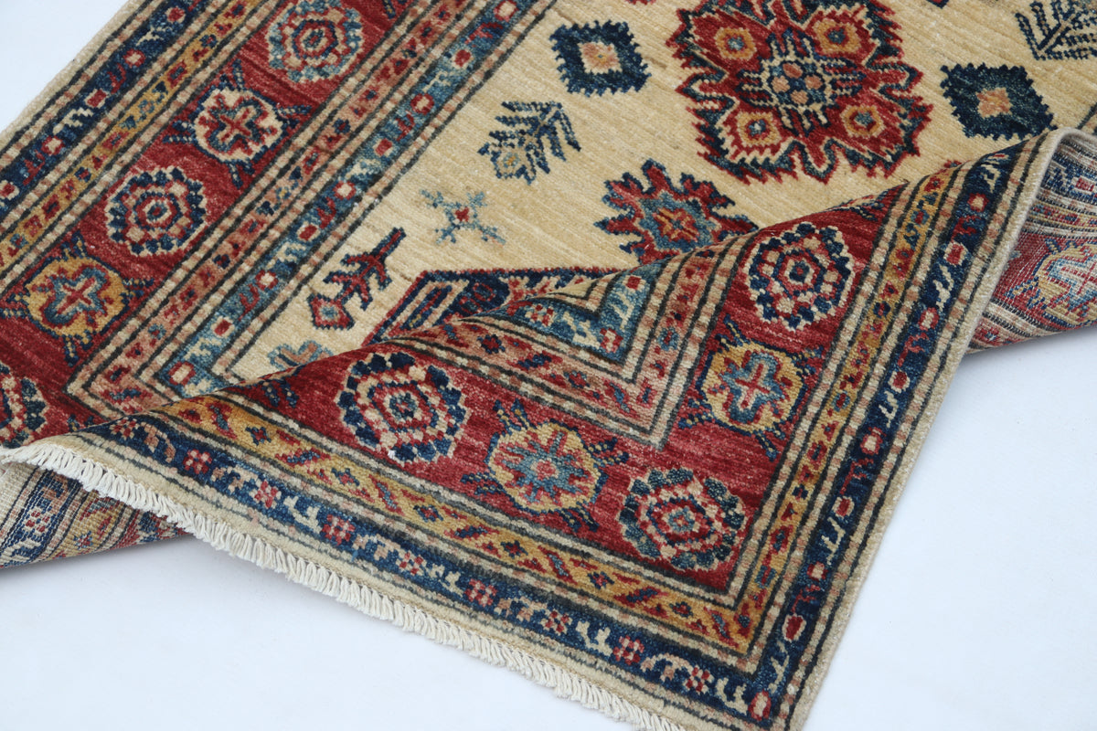 2.5x4 Beige Super Kazak Geometric Area Rug | Handmade Wool & Cotton Rug