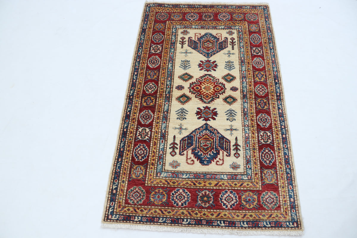 2.5x4 Beige Super Kazak Geometric Area Rug | Handmade Wool & Cotton Rug