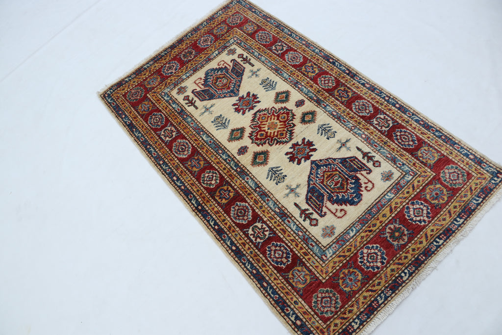 2.5x4 Beige Super Kazak Geometric Area Rug | Handmade Wool & Cotton Rug