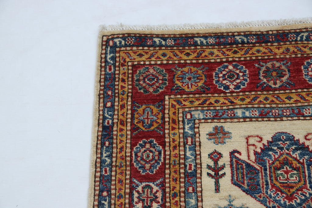 2.5x4 Beige Super Kazak Geometric Area Rug | Handmade Wool & Cotton Rug