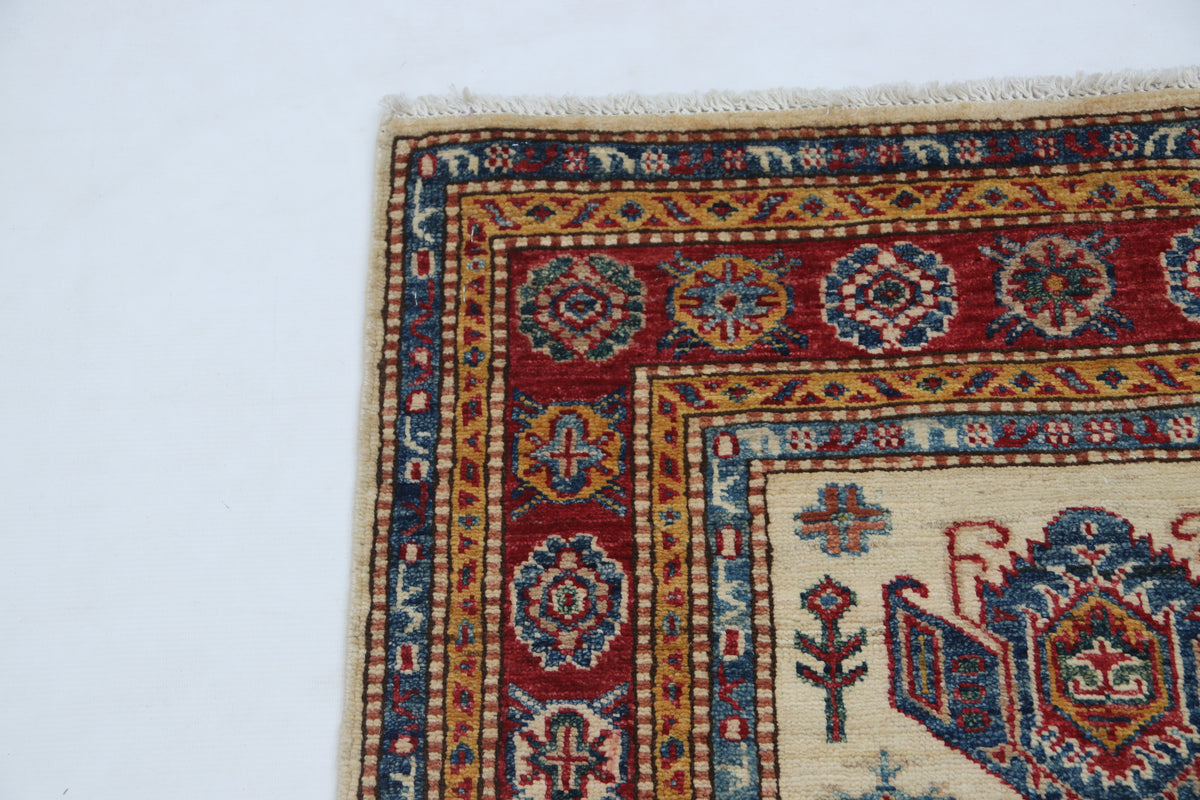 2.5x4 Beige Super Kazak Geometric Area Rug | Handmade Wool & Cotton Rug