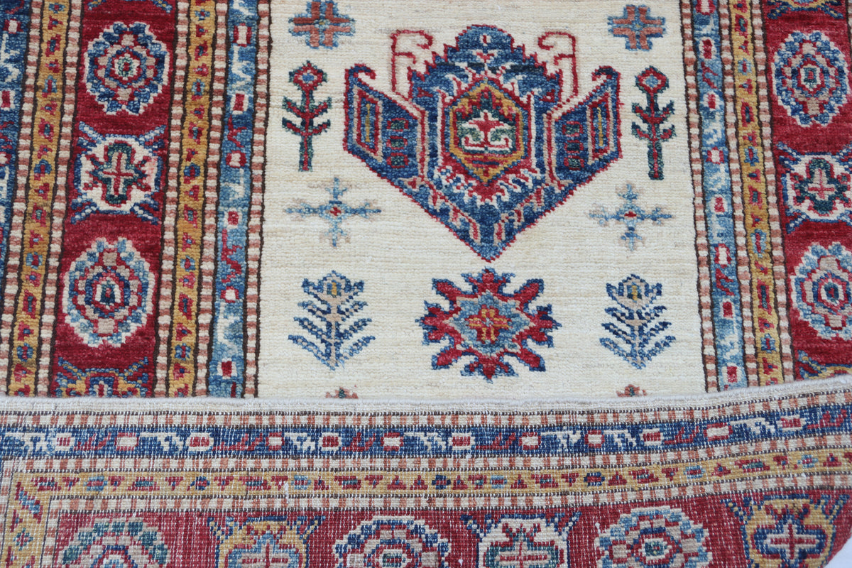2.5x4 Beige Super Kazak Geometric Area Rug | Handmade Wool & Cotton Rug