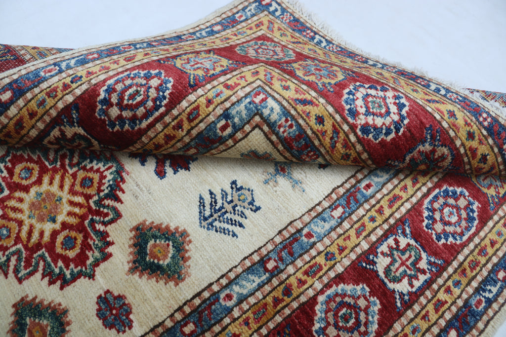 2.5x4 Beige Super Kazak Geometric Area Rug | Handmade Wool & Cotton Rug