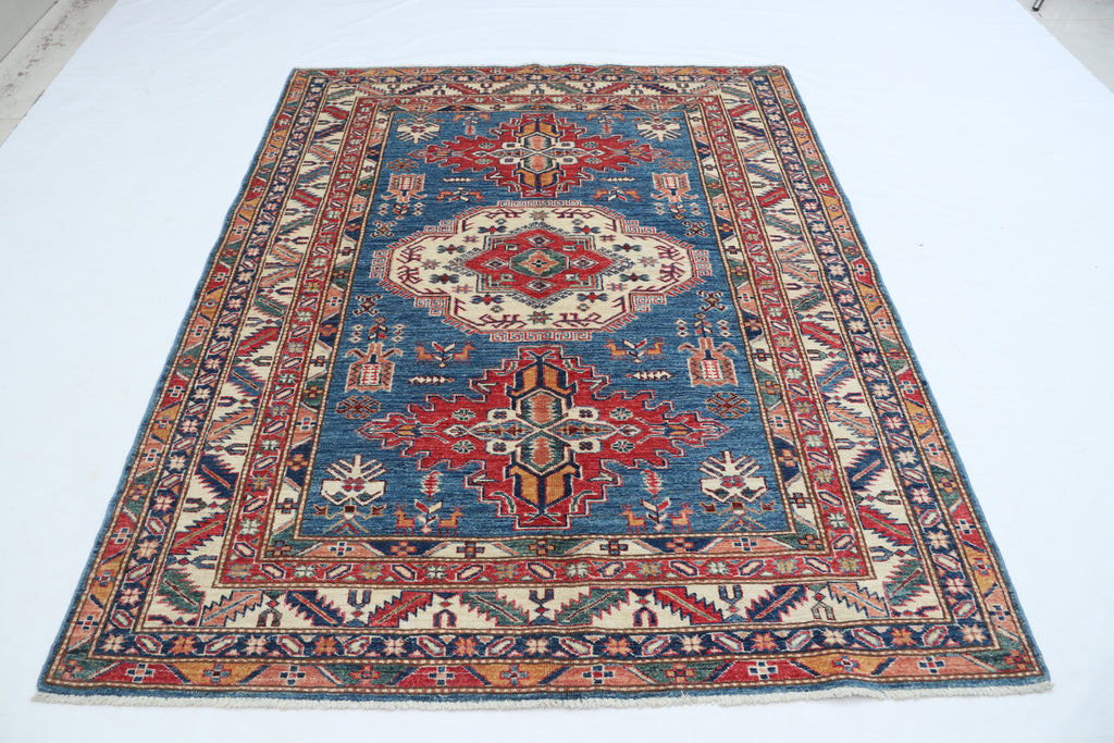 5x6.5 Blue Super Kazak Geometric Area Rug | Handmade Wool & Cotton Rug