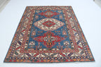 5x6.5 Blue Super Kazak Geometric Area Rug | Handmade Wool & Cotton Rug