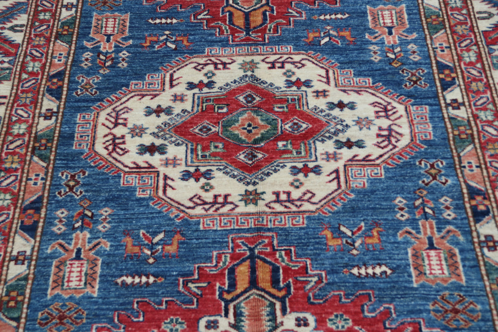 5x6.5 Blue Super Kazak Geometric Area Rug | Handmade Wool & Cotton Rug
