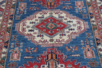 5x6.5 Blue Super Kazak Geometric Area Rug | Handmade Wool & Cotton Rug