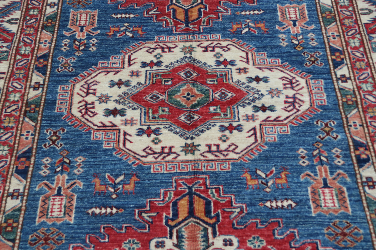 5x6.5 Blue Super Kazak Geometric Area Rug | Handmade Wool & Cotton Rug