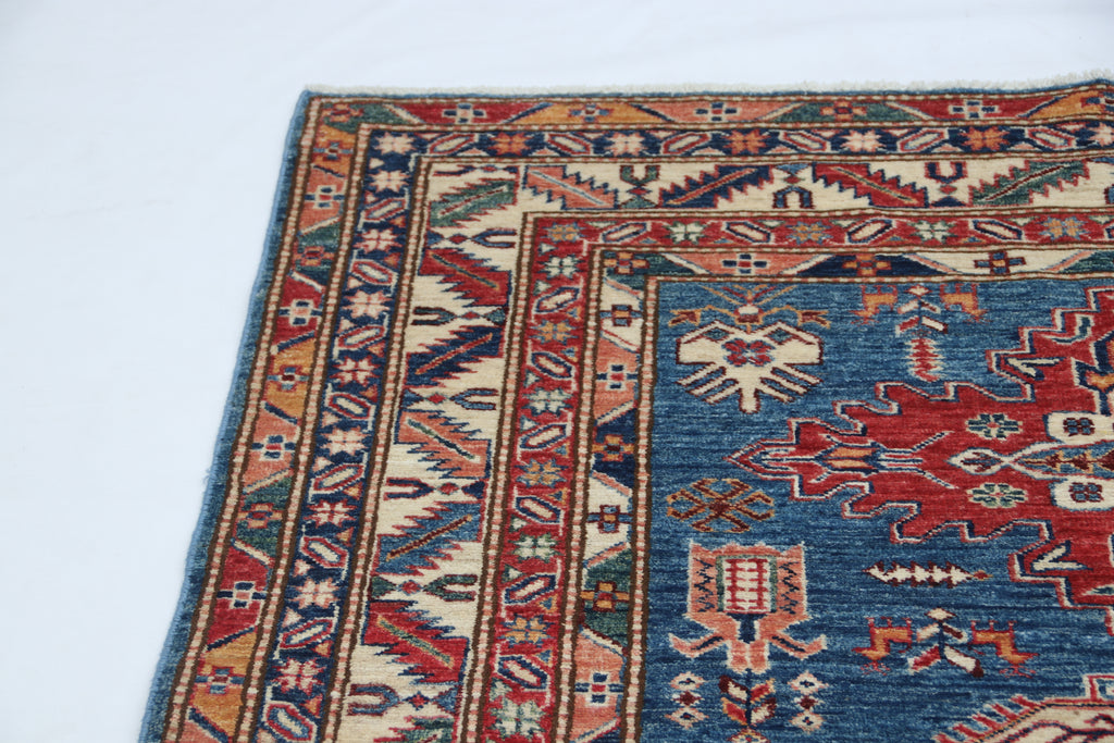 5x6.5 Blue Super Kazak Geometric Area Rug | Handmade Wool & Cotton Rug