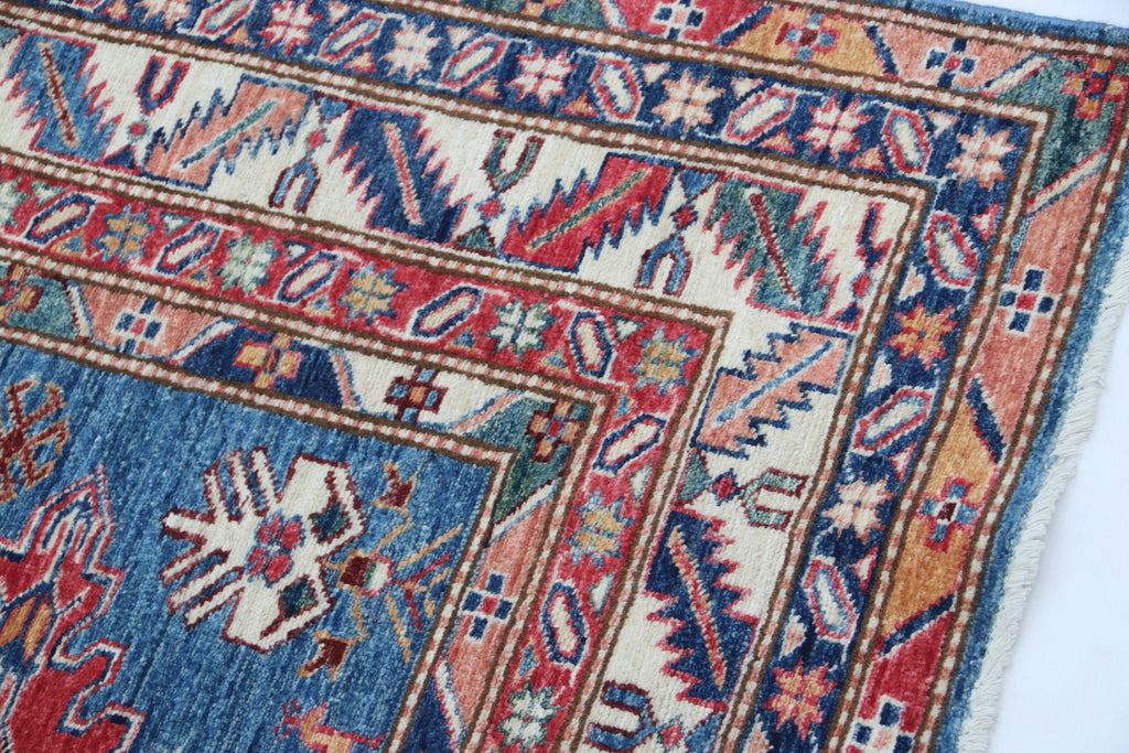 5x6.5 Blue Super Kazak Geometric Area Rug | Handmade Wool & Cotton Rug