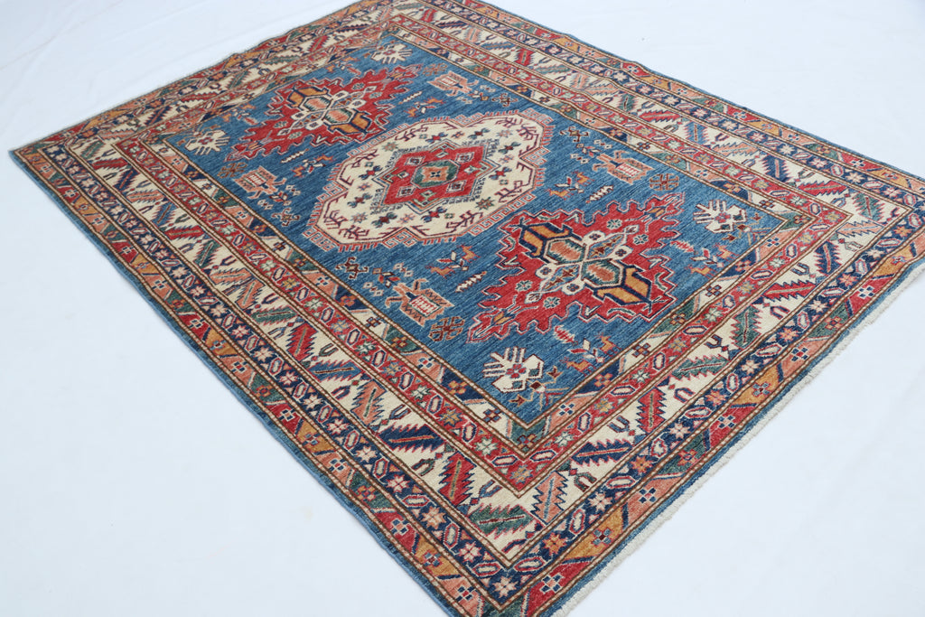 5x6.5 Blue Super Kazak Geometric Area Rug | Handmade Wool & Cotton Rug