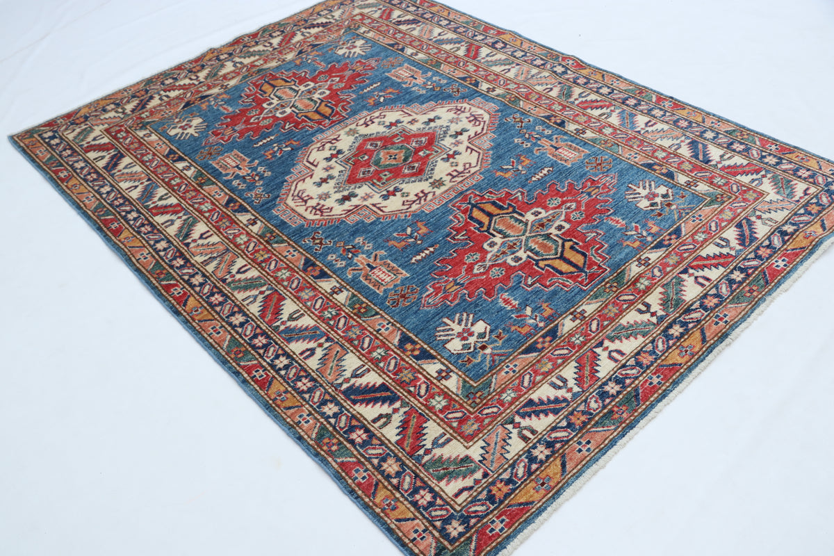 5x6.5 Blue Super Kazak Geometric Area Rug | Handmade Wool & Cotton Rug
