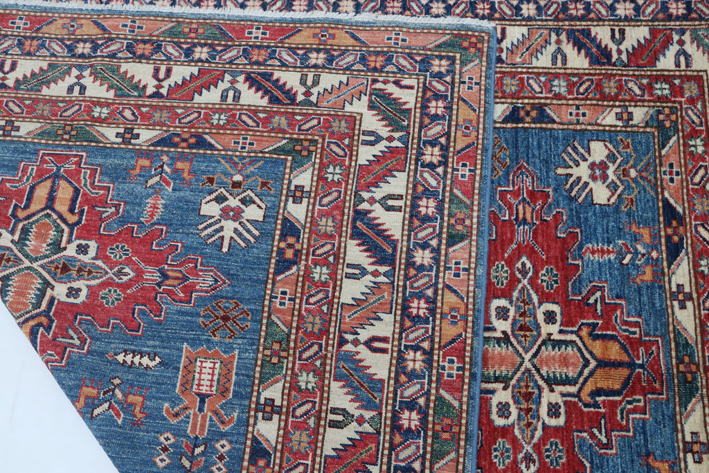 5x6.5 Blue Super Kazak Geometric Area Rug | Handmade Wool & Cotton Rug