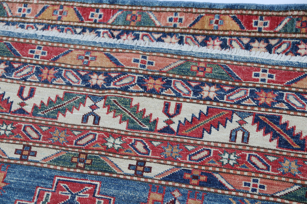 5x6.5 Blue Super Kazak Geometric Area Rug | Handmade Wool & Cotton Rug