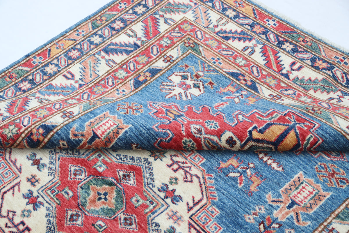5x6.5 Blue Super Kazak Geometric Area Rug | Handmade Wool & Cotton Rug