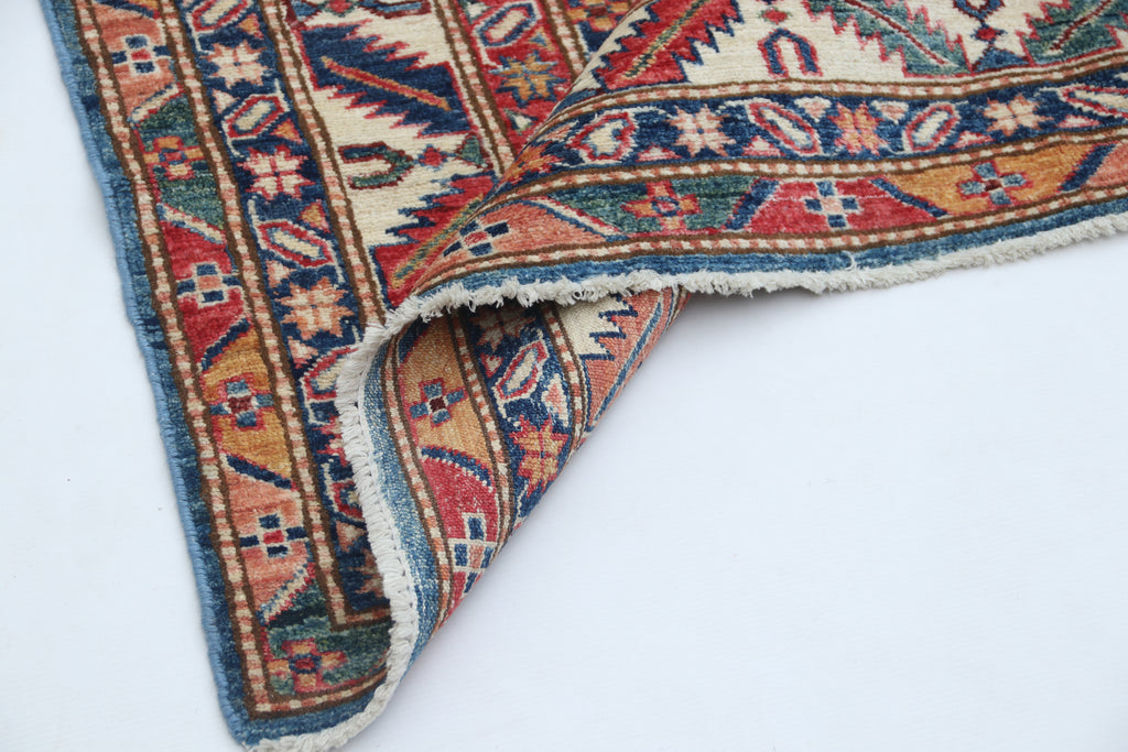 5x6.5 Blue Super Kazak Geometric Area Rug | Handmade Wool & Cotton Rug