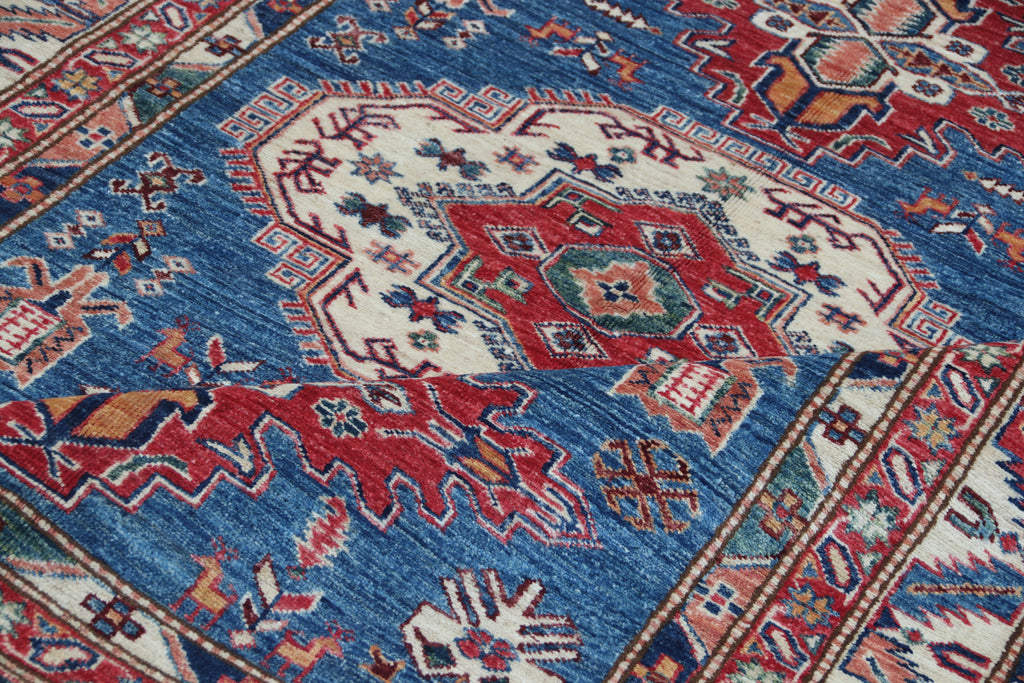 5x6.5 Blue Super Kazak Geometric Area Rug | Handmade Wool & Cotton Rug