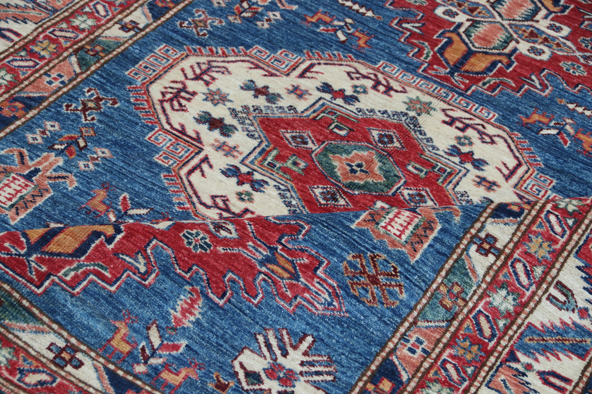 5x6.5 Blue Super Kazak Geometric Area Rug | Handmade Wool & Cotton Rug