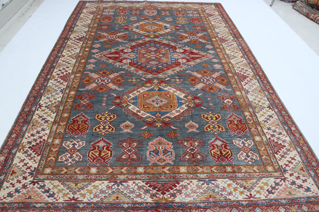 7x10 Gray Super Kazak Geometric Area Rug | Handmade Wool & Cotton Rug