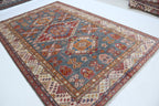 7x10 Gray Super Kazak Geometric Area Rug | Handmade Wool & Cotton Rug