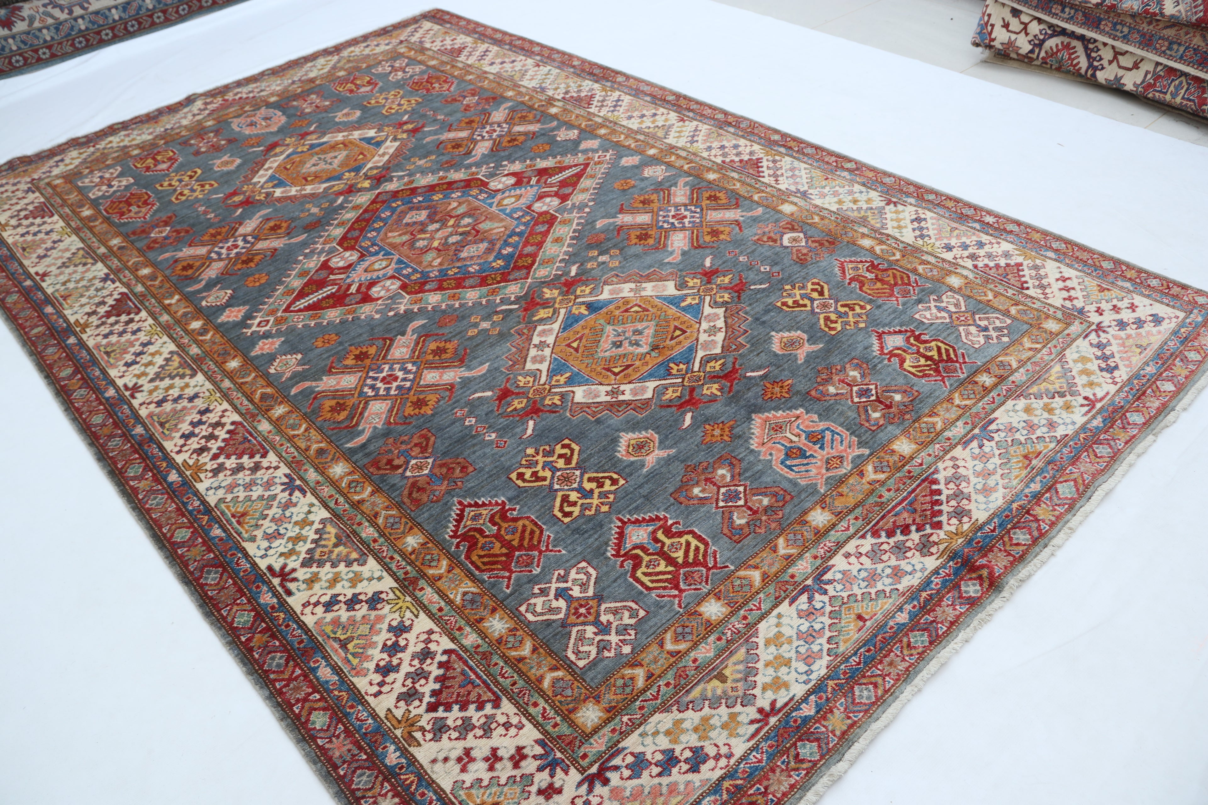 7x10 Gray Super Kazak Geometric Area Rug | Handmade Wool & Cotton Rug