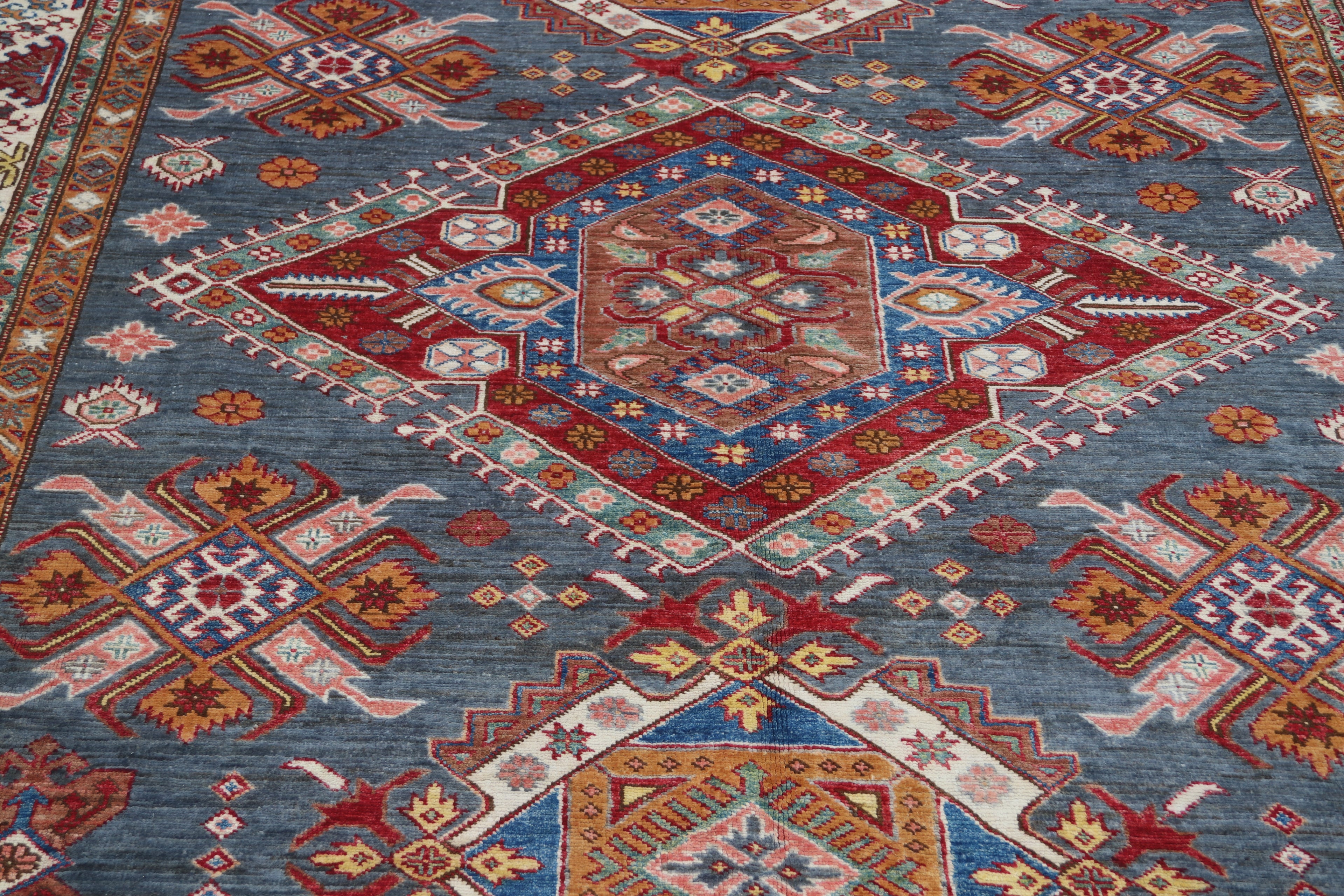 7x10 Gray Super Kazak Geometric Area Rug | Handmade Wool & Cotton Rug