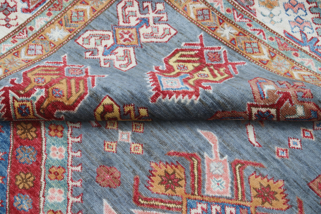 7x10 Gray Super Kazak Geometric Area Rug | Handmade Wool & Cotton Rug