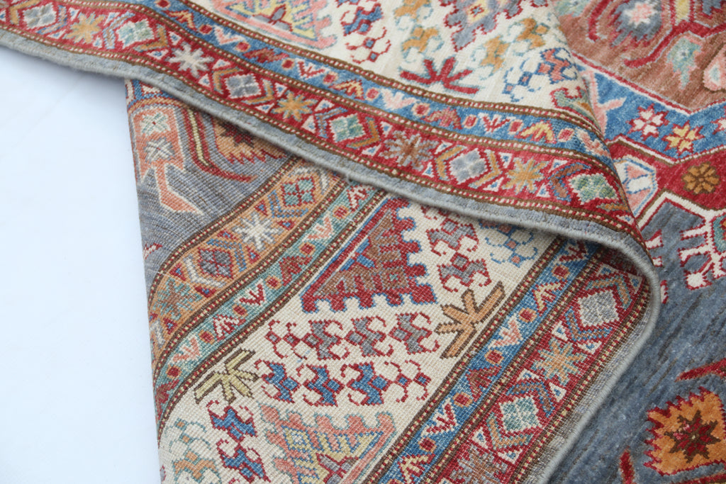 7x10 Gray Super Kazak Geometric Area Rug | Handmade Wool & Cotton Rug