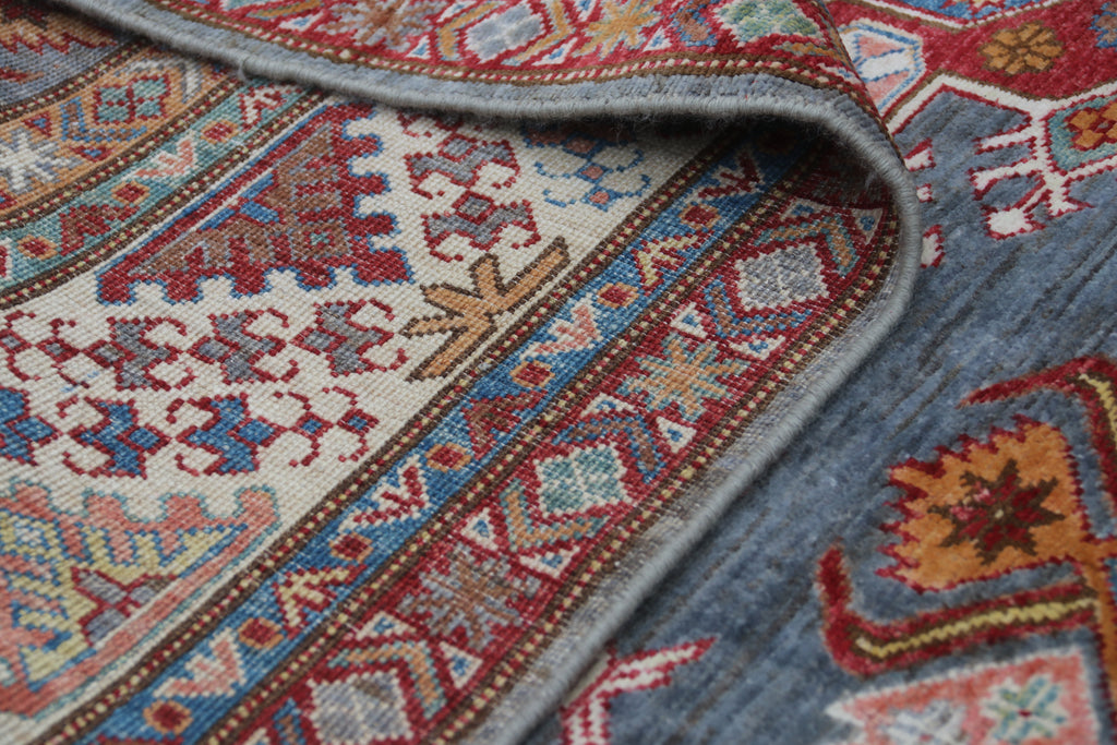 7x10 Gray Super Kazak Geometric Area Rug | Handmade Wool & Cotton Rug