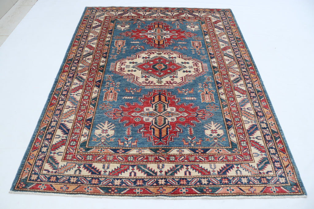 5x7 Blue Super Kazak Geometric Handmade Cotton & Wool Rug | Premium Luxury Area Rug