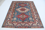 5x7 Blue Super Kazak Geometric Handmade Cotton & Wool Rug | Premium Luxury Area Rug