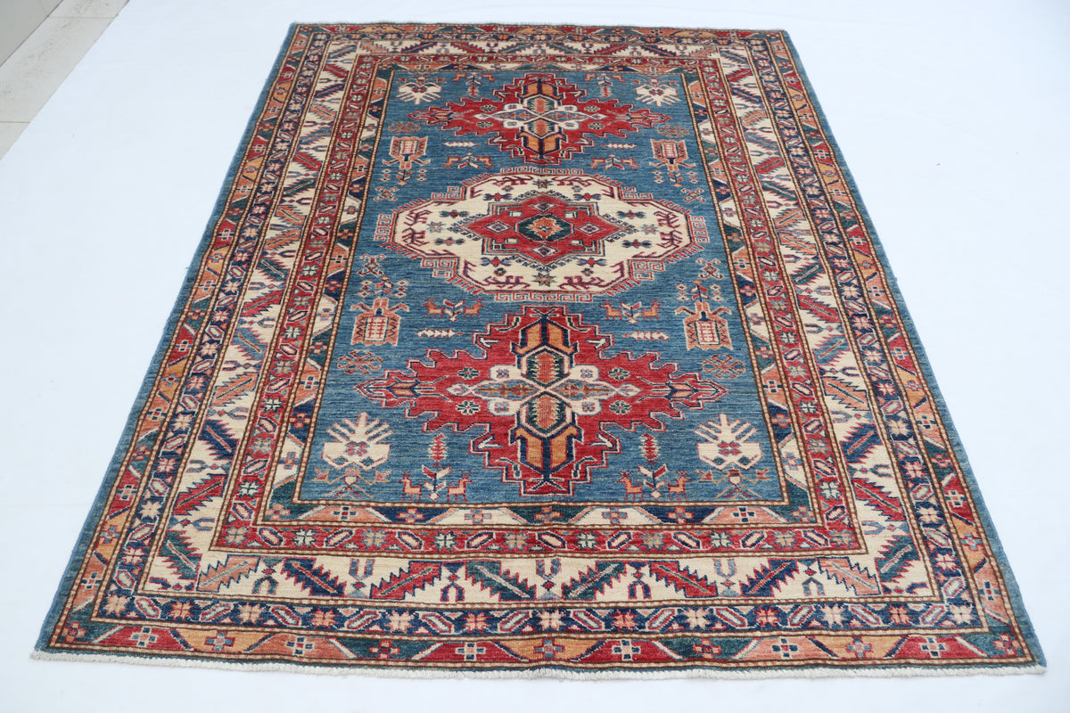 5x7 Blue Super Kazak Geometric Handmade Cotton & Wool Rug | Premium Luxury Area Rug