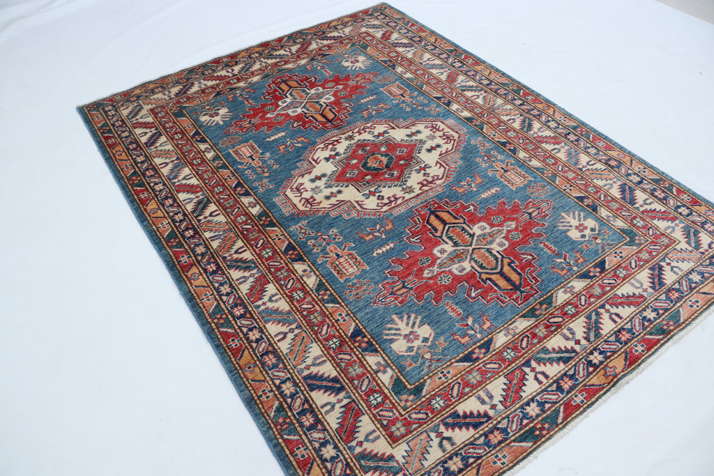 5x7 Blue Super Kazak Geometric Handmade Cotton & Wool Rug | Premium Luxury Area Rug