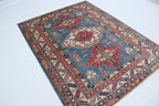 5x7 Blue Super Kazak Geometric Handmade Cotton & Wool Rug | Premium Luxury Area Rug