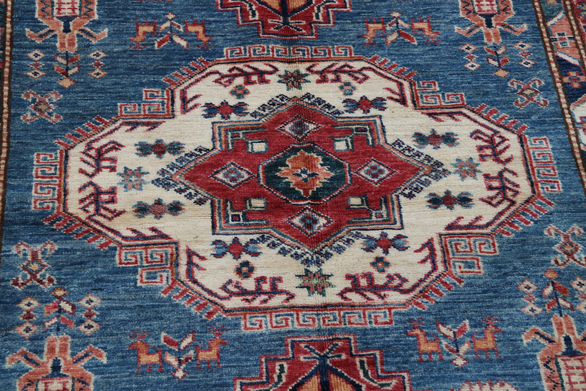 5x7 Blue Super Kazak Geometric Handmade Cotton & Wool Rug | Premium Luxury Area Rug