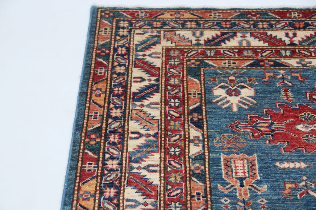 5x7 Blue Super Kazak Geometric Handmade Cotton & Wool Rug | Premium Luxury Area Rug