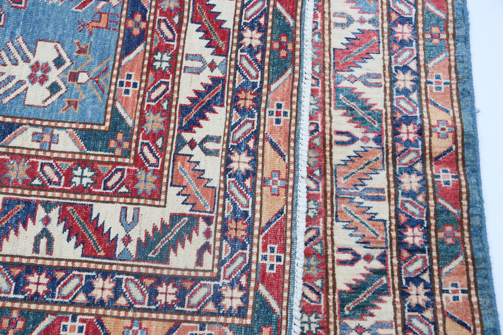 5x7 Blue Super Kazak Geometric Handmade Cotton & Wool Rug | Premium Luxury Area Rug