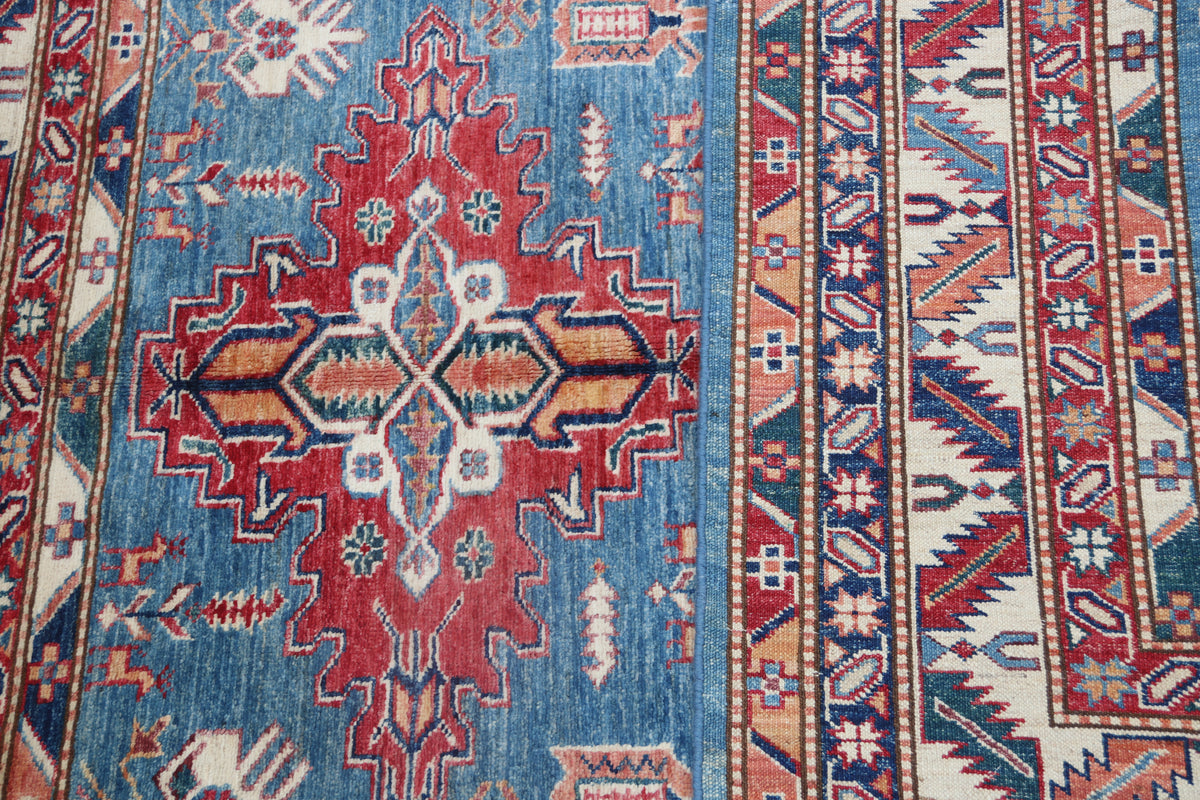 5x7 Blue Super Kazak Geometric Handmade Cotton & Wool Rug | Premium Luxury Area Rug