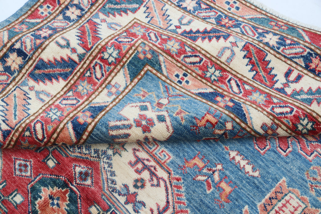 5x7 Blue Super Kazak Geometric Handmade Cotton & Wool Rug | Premium Luxury Area Rug