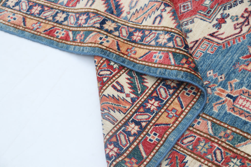 5x7 Blue Super Kazak Geometric Handmade Cotton & Wool Rug | Premium Luxury Area Rug
