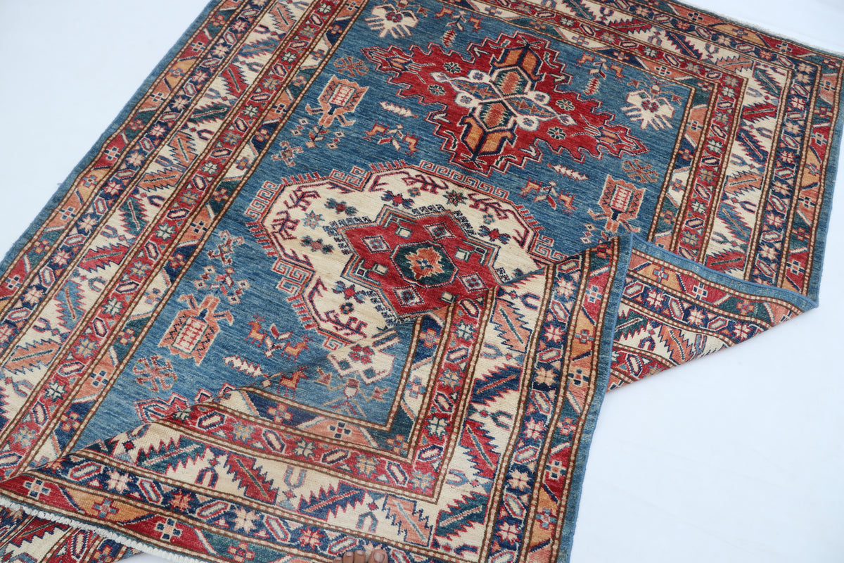 5x7 Blue Super Kazak Geometric Handmade Cotton & Wool Rug | Premium Luxury Area Rug